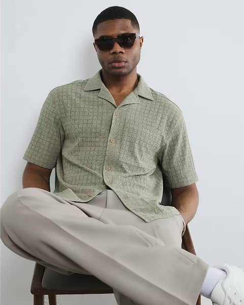 Khaki Short Sleeve Grid Textured Shirt (1).jpg